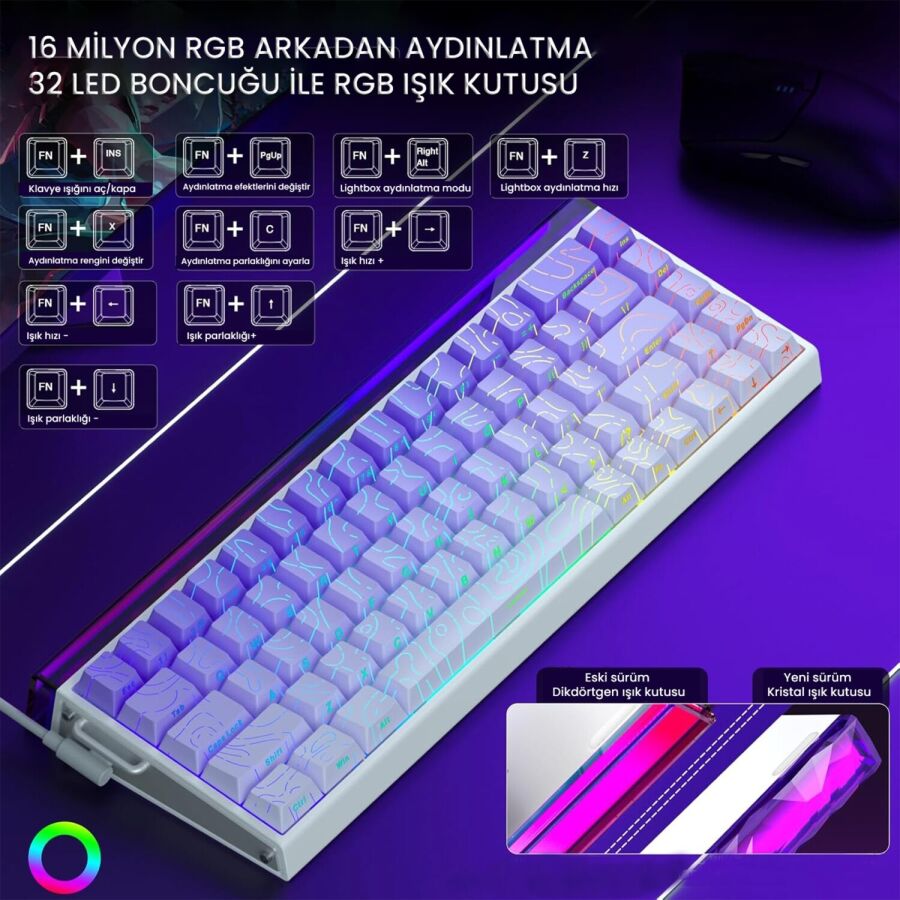 Aula Hero 68 HE Manyetik Klavye Rapid Trigger Dragon King Switch 8000Hz RGB Neon TKL Hot Swap Oyuncu Klavyesi Mor - 4