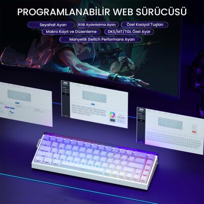 Aula Hero 68 HE Manyetik Klavye Rapid Trigger Dragon King Switch 8000Hz RGB Neon TKL Hot Swap Oyuncu Klavyesi Mor - 6