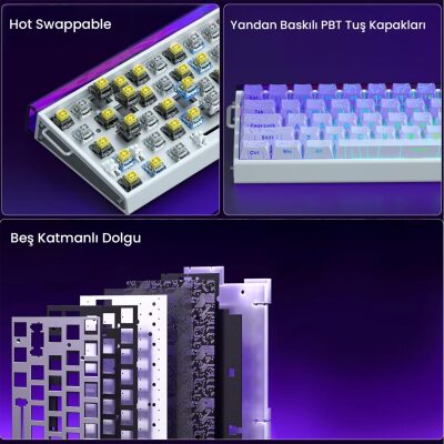 Aula Hero 68 HE Manyetik Klavye Rapid Trigger Dragon King Switch 8000Hz RGB Neon TKL Hot Swap Oyuncu Klavyesi Mor - 7