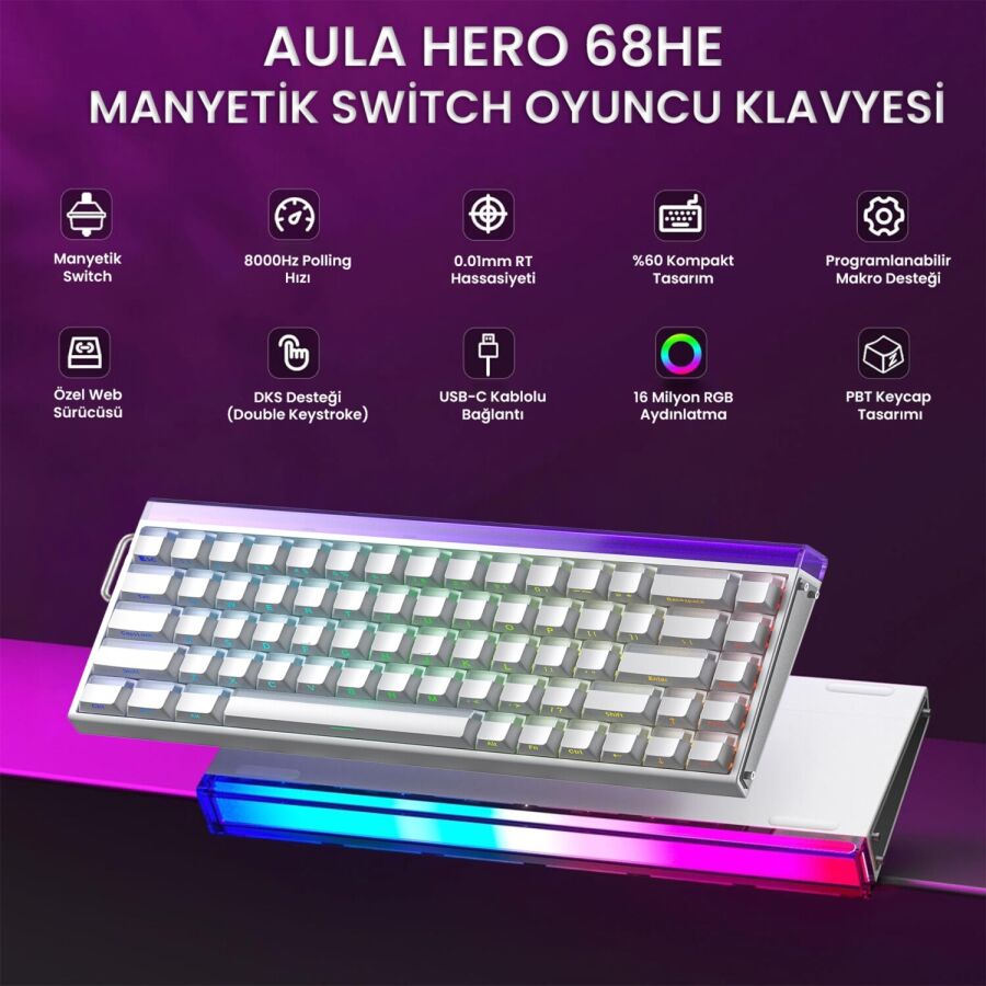 Aula Hero 68 HE Manyetik Klavye Rapid Trigger Jade King Switch 8000Hz RGB Neon TKL Hot Swap Oyuncu Klavyesi Beyaz - 3