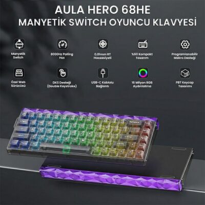 Aula Hero 68 He Manyetik Klavye Rapid Trigger Jade King Switch 8000Hz RGB Neon TKL Hot Swap Oyuncu Klavyesi Şeffaf Siyah - 2