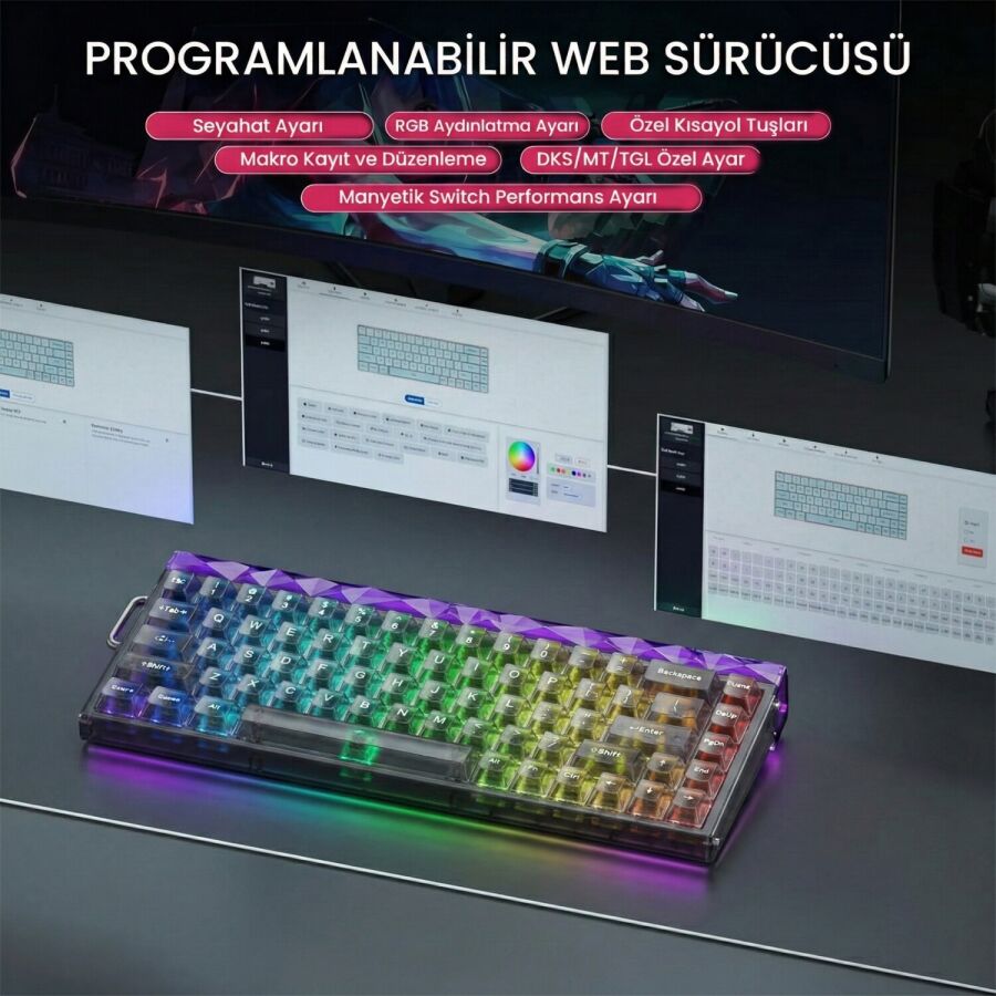 Aula Hero 68 He Manyetik Klavye Rapid Trigger Jade King Switch 8000Hz RGB Neon TKL Hot Swap Oyuncu Klavyesi Şeffaf Siyah - 5