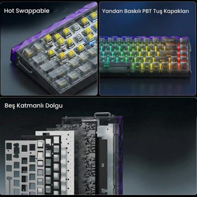 Aula Hero 68 He Manyetik Klavye Rapid Trigger Jade King Switch 8000Hz RGB Neon TKL Hot Swap Oyuncu Klavyesi Şeffaf Siyah - 6