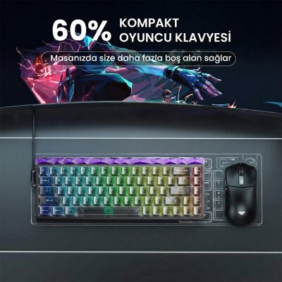Aula Hero 68 He Manyetik Klavye Rapid Trigger Jade King Switch 8000Hz RGB Neon TKL Hot Swap Oyuncu Klavyesi Şeffaf Siyah - 7
