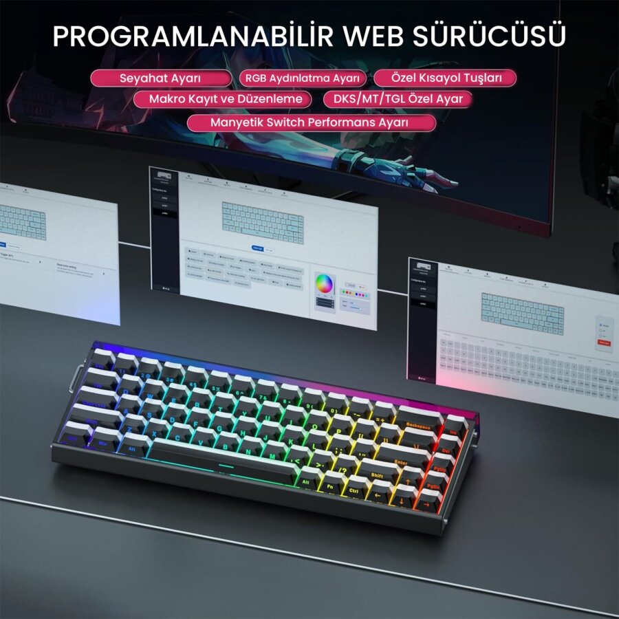 Aula Hero 68 HE Manyetik Klavye Rapid Trigger Jade King Switch 8000Hz RGB Neon TKL Hot Swap Oyuncu Klavyesi Siyah - 6