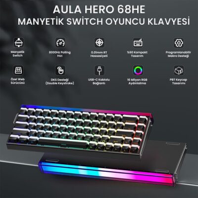 Aula Hero 68 HE Manyetik Klavye Rapid Trigger Jade King Switch 8000Hz RGB Neon TKL Hot Swap Oyuncu Klavyesi Siyah - 3