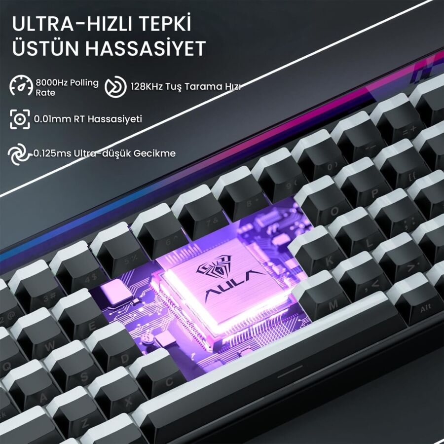 Aula Hero 68 HE Manyetik Klavye Rapid Trigger Jade King Switch 8000Hz RGB Neon TKL Hot Swap Oyuncu Klavyesi Siyah - 5