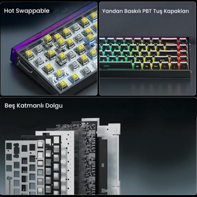 Aula Hero 68 HE Manyetik Klavye Rapid Trigger Jade King Switch 8000Hz RGB Neon TKL Hot Swap Oyuncu Klavyesi Siyah - 7