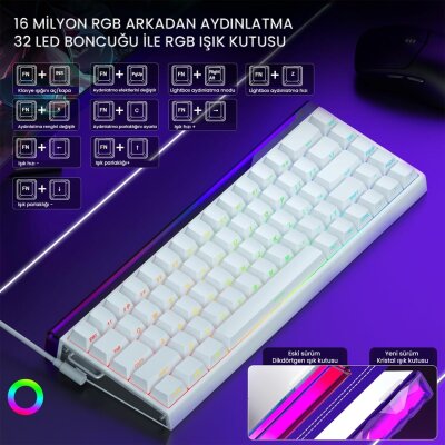 Aula Hero 68 HE Manyetik Klavye Rapid Trigger Meteor Switch 8000Hz RGB Neon TKL Hot Swap Oyuncu Klavyesi Beyaz - 4
