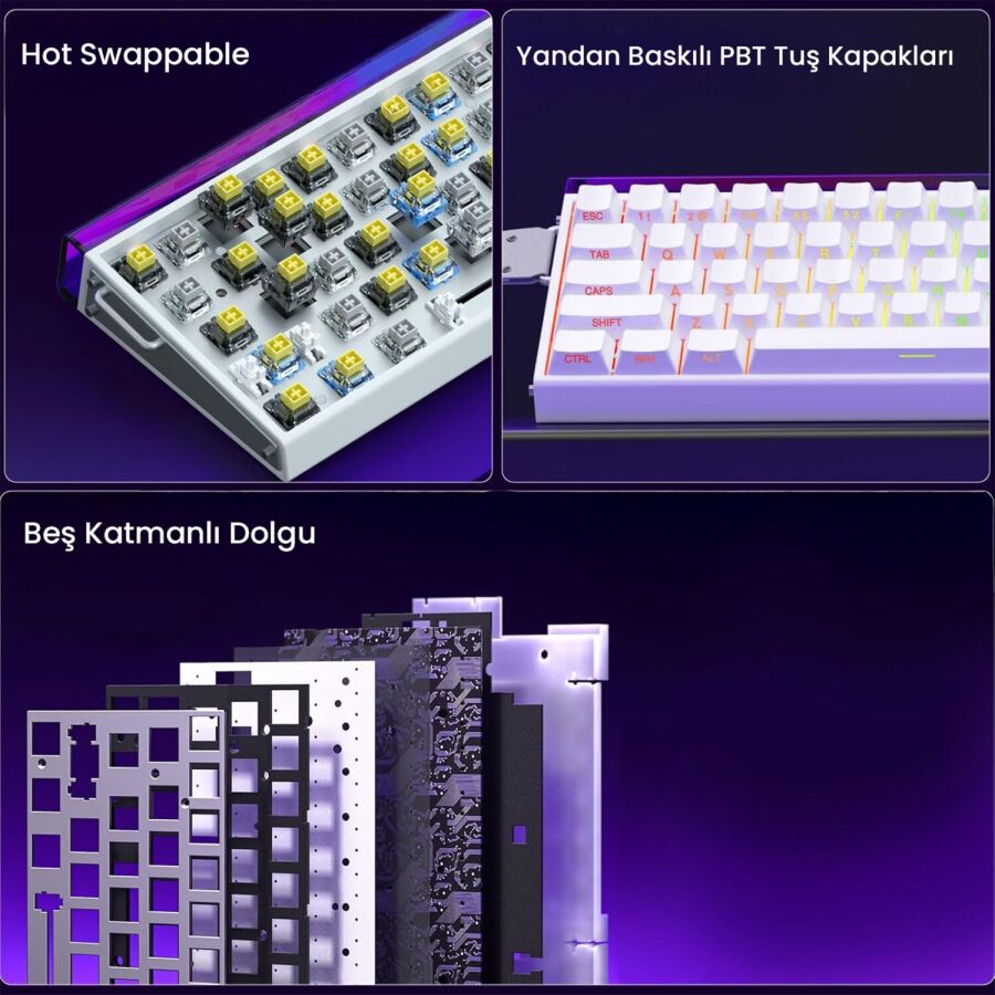 Aula Hero 68 HE Manyetik Klavye Rapid Trigger Meteor Switch 8000Hz RGB Neon TKL Hot Swap Oyuncu Klavyesi Beyaz - 6