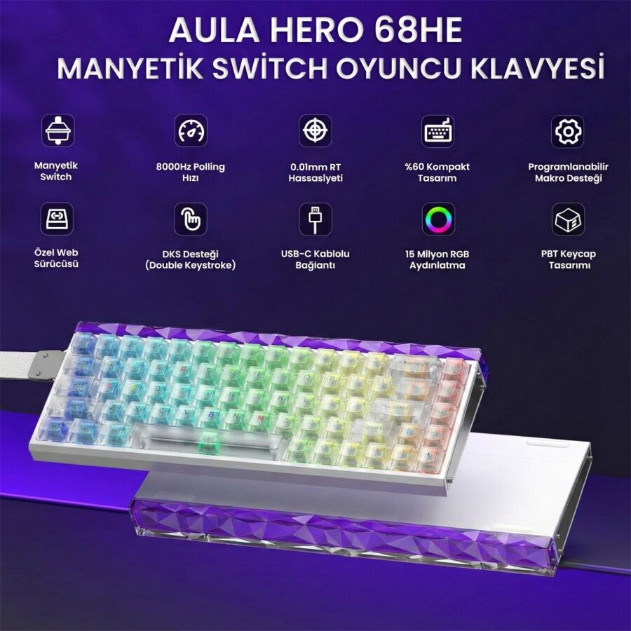 Aula Hero 68 He Manyetik Klavye Rapid Trigger Silver Switch 8000Hz RGB Neon TKL Hot Swap Oyuncu Klavyesi Şeffaf - 2
