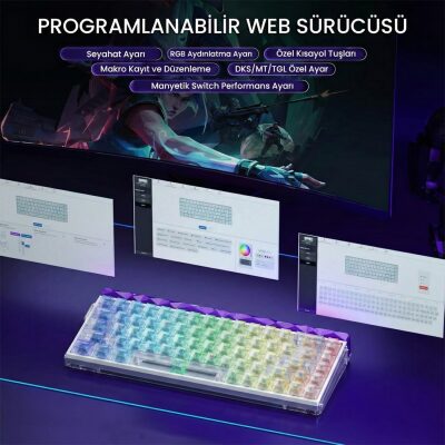 Aula Hero 68 He Manyetik Klavye Rapid Trigger Silver Switch 8000Hz RGB Neon TKL Hot Swap Oyuncu Klavyesi Şeffaf - 5