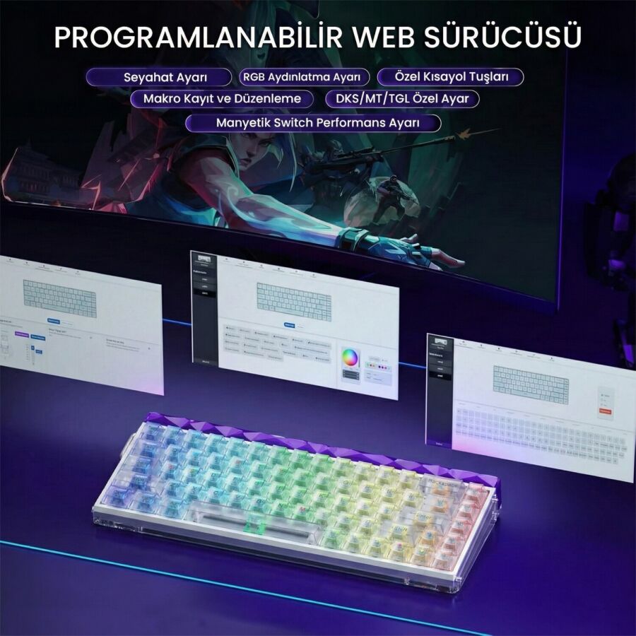 Aula Hero 68 He Manyetik Klavye Rapid Trigger Silver Switch 8000Hz RGB Neon TKL Hot Swap Oyuncu Klavyesi Şeffaf - 5