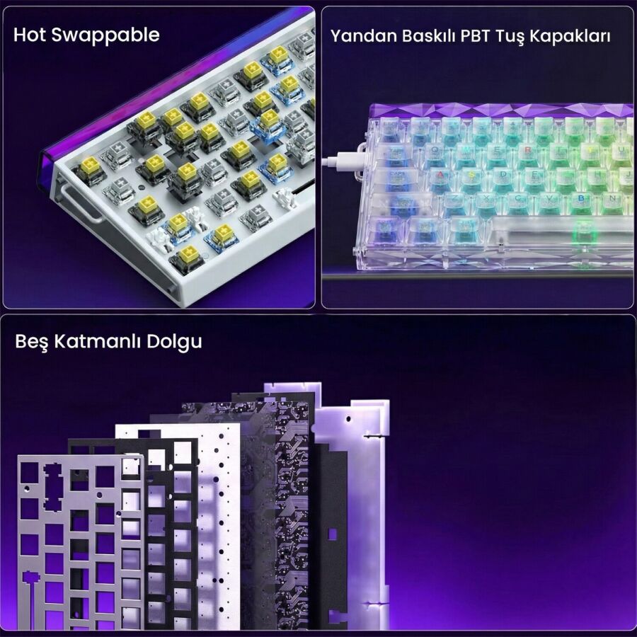 Aula Hero 68 He Manyetik Klavye Rapid Trigger Silver Switch 8000Hz RGB Neon TKL Hot Swap Oyuncu Klavyesi Şeffaf - 6