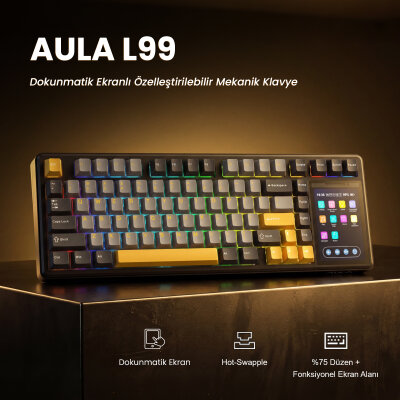 Aula L99 4 inç Akıllı Dokunmatik Ekranlı 3 Mod RGB Hot Swap Caramel Latte Switch Mekanik Kablosuz Oyuncu Klavyesi Bej - 2