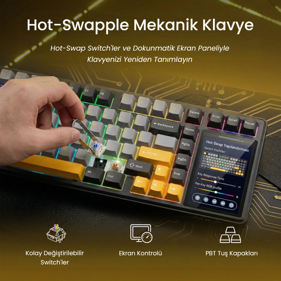 Aula L99 4 inç Akıllı Dokunmatik Ekranlı 3 Mod RGB Hot Swap Caramel Latte Switch Mekanik Kablosuz Oyuncu Klavyesi Bej - 4