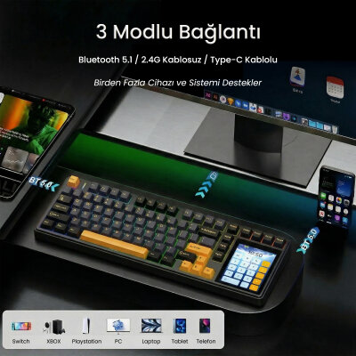 Aula L99 4 inç Akıllı Dokunmatik Ekranlı 3 Mod RGB Hot Swap Caramel Latte Switch Mekanik Kablosuz Oyuncu Klavyesi Bej - 5