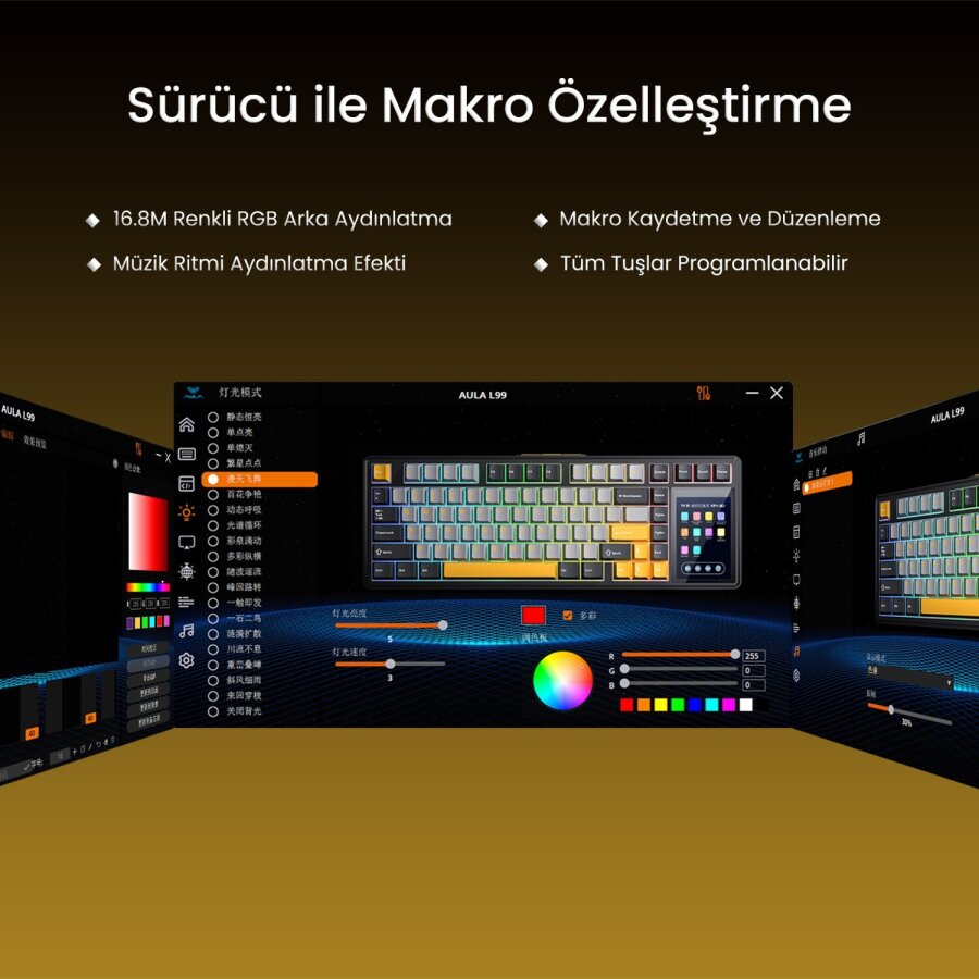 Aula L99 4 inç Akıllı Dokunmatik Ekranlı 3 Mod RGB Hot Swap Caramel Latte Switch Mekanik Kablosuz Oyuncu Klavyesi Kırmızı - 7