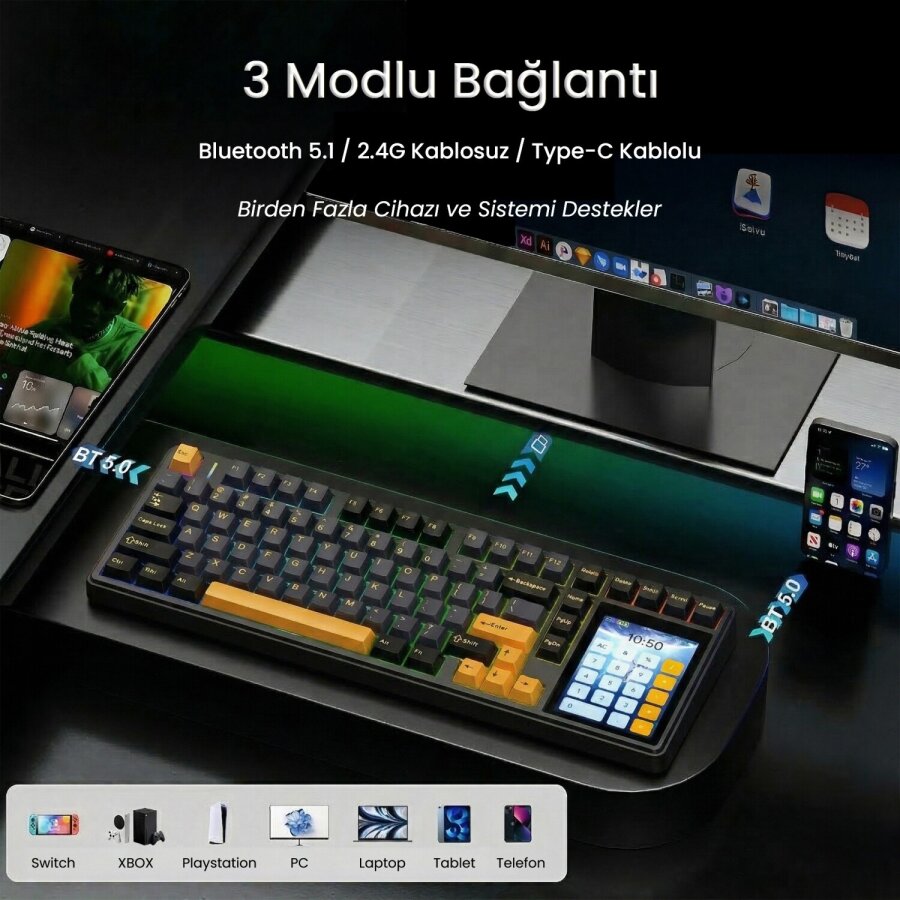 Aula L99 4 inç Akıllı Dokunmatik Ekranlı 3 Mod RGB Hot Swap Caramel Latte Switch Mekanik Kablosuz Oyuncu Klavyesi Mor - 5