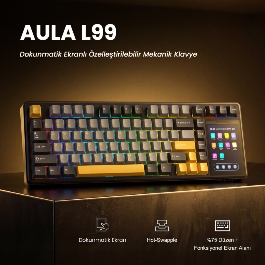 Aula L99 4 İnç Akıllı Dokunmatik Ekranlı 3 Modlu RGB Hot Swap Raindrop Switch Mekanik Kablosuz Oyuncu Klavyesi Turuncu - 2