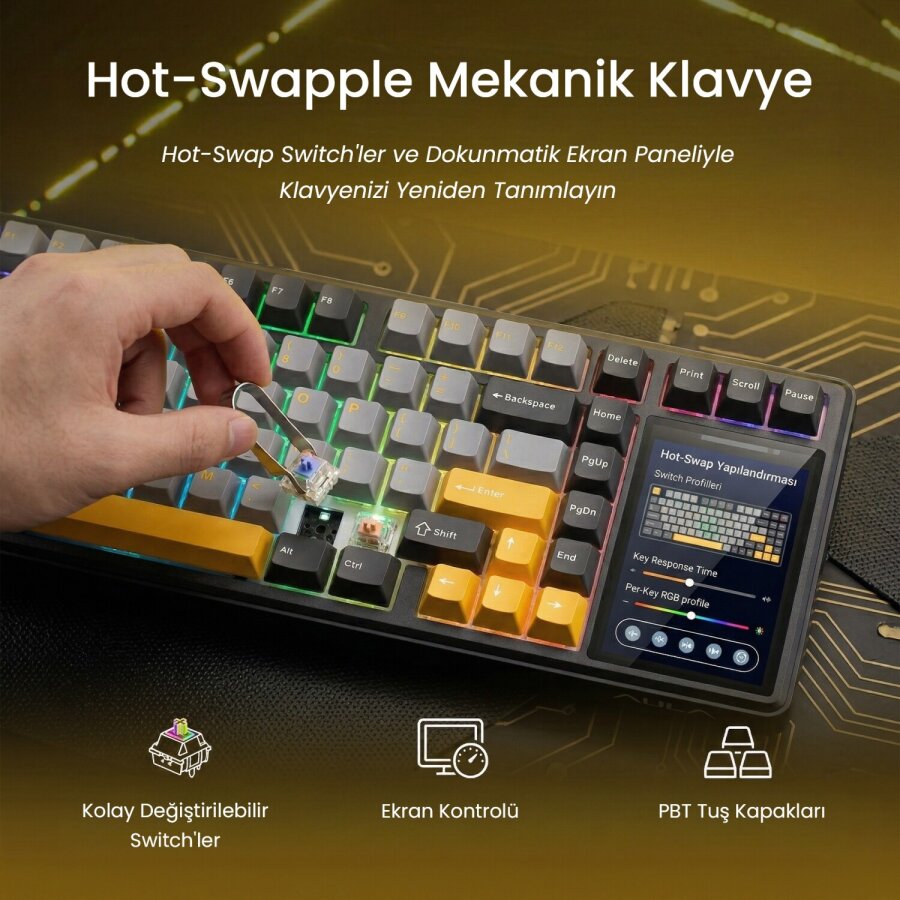 Aula L99 4 İnç Akıllı Dokunmatik Ekranlı 3 Modlu RGB Hot Swap Raindrop Switch Mekanik Kablosuz Oyuncu Klavyesi Turuncu - 4