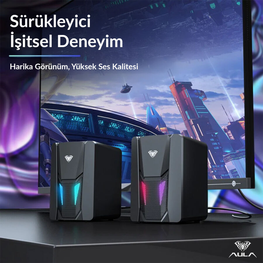 Aula N-108 1+1 USB/Aux Stereo 2.0 RGB Masaüstü Gaming Oyuncu Hoparlör Speaker Ses Sistemi - 6
