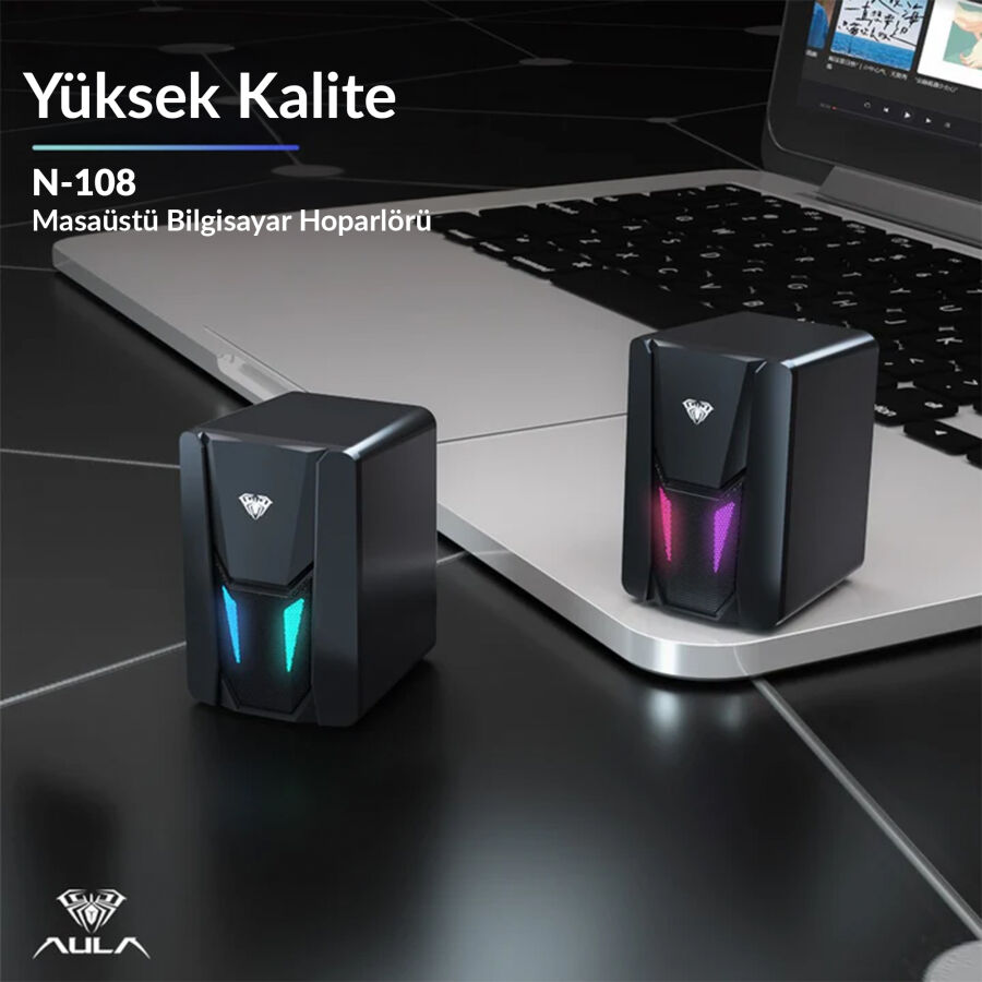 Aula N-108 1+1 USB/Aux Stereo 2.0 RGB Masaüstü Gaming Oyuncu Hoparlör Speaker Ses Sistemi - 7