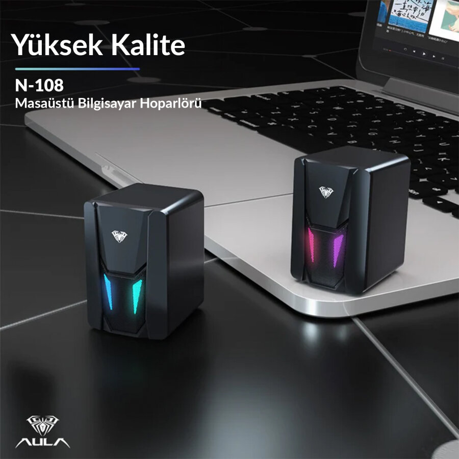 Aula N-108 1+1 USB/Aux Stereo 2.0 RGB Masaüstü Gaming Oyuncu Hoparlör Speaker Ses Sistemi - 7