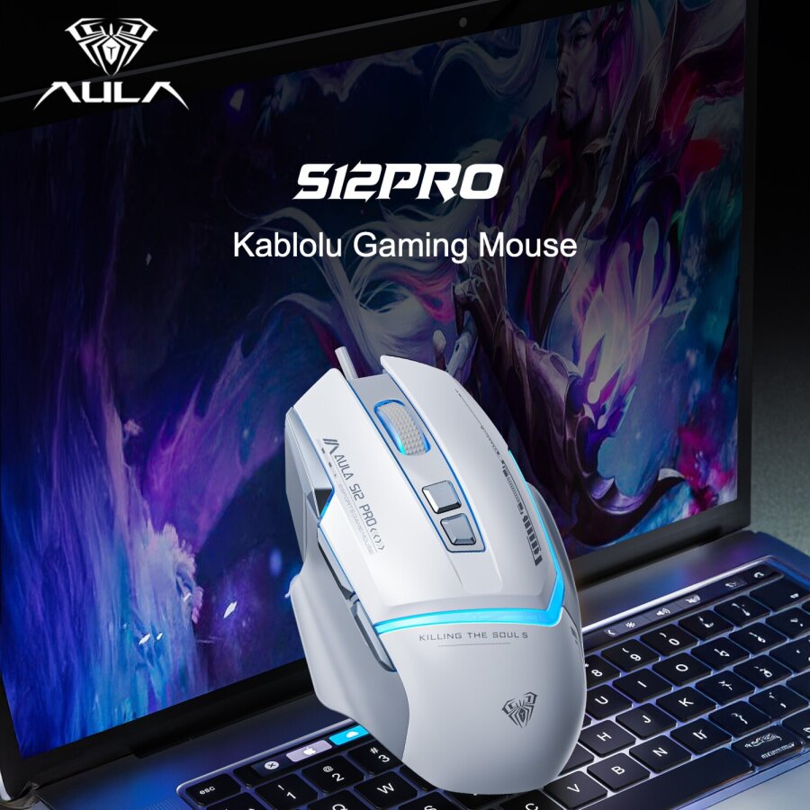 Aula S12 Pro 12800 DPI 8 Tuşlu Makrolu Kablolu Optik Gaming Oyuncu Mouse Beyaz - 2