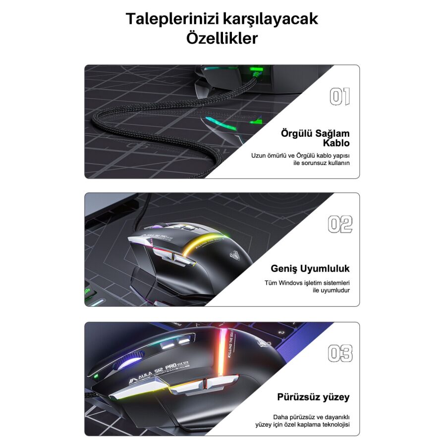 Aula S12 Pro 12800 DPI 8 Tuşlu Makrolu Kablolu Optik Gaming Oyuncu Mouse Beyaz - 8