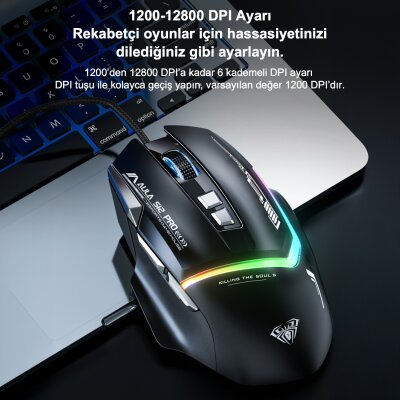 Aula S12 Pro 12800 DPI 8 Tuşlu Makrolu Kablolu Optik Gaming Oyuncu Mouse Siyah - 6