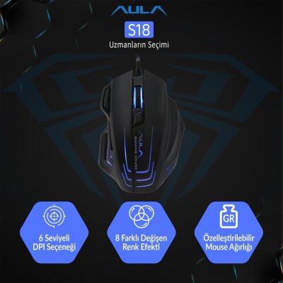 Aula S18 6400DPI RGB 7 Programlanabilir Tuş 1000Hz Gaming Oyuncu Mouse - 3