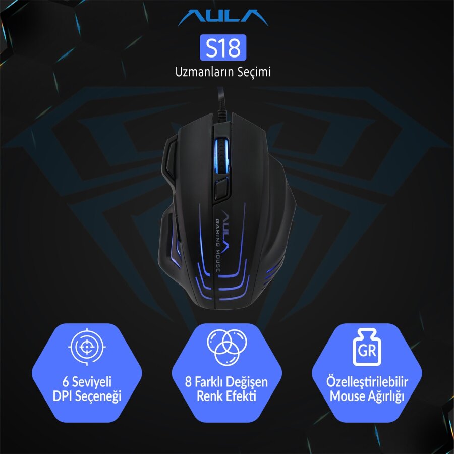 Aula S18 6400DPI RGB 7 Programlanabilir Tuş 1000Hz Gaming Oyuncu Mouse - 3