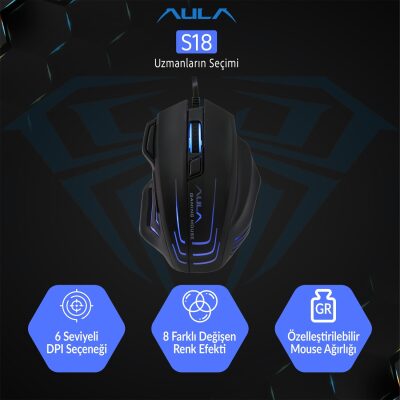 Aula S18 6400DPI RGB 7 Programlanabilir Tuş 1000Hz Gaming Oyuncu Mouse - 3