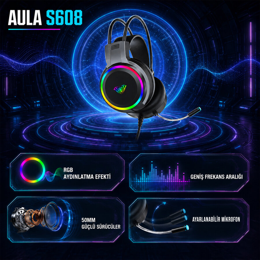 Aula S608 Rainbow 3.5mm + USB-A Gaming Oyuncu Kulaküstü Kulaklık - 4