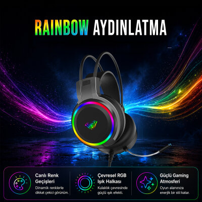 Aula S608 Rainbow 3.5mm + USB-A Gaming Oyuncu Kulaküstü Kulaklık - 8