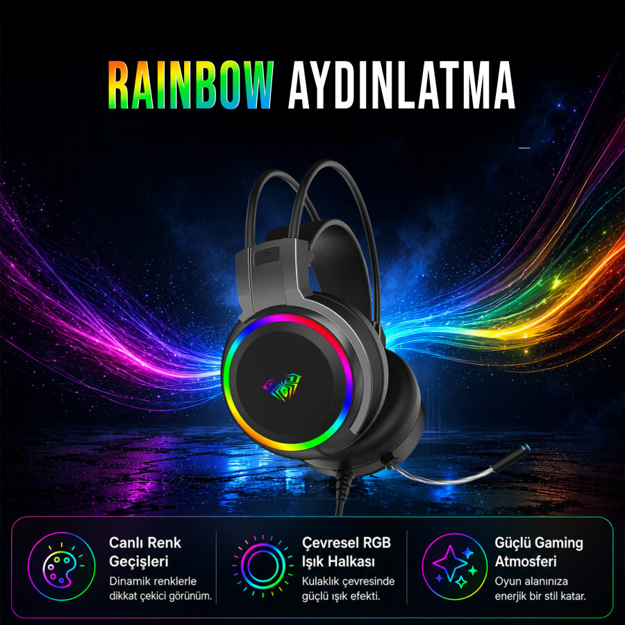 Aula S608 Rainbow 3.5mm + USB-A Gaming Oyuncu Kulaküstü Kulaklık - 8