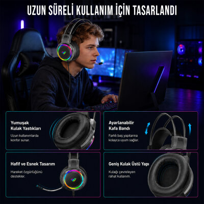Aula S608 Rainbow 3.5mm + USB-A Gaming Oyuncu Kulaküstü Kulaklık - 10