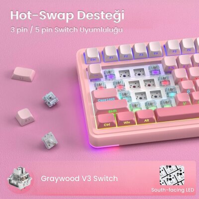 Aula S75 Pro Mekanik RGB TKL GrayWood V3 Switch Kablosuz Makrolu Hot Swap Klavye Gradyan Pembe - 6