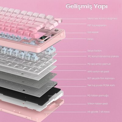 Aula S75 Pro Mekanik RGB TKL GrayWood V3 Switch Kablosuz Makrolu Hot Swap Klavye Gradyan Pembe - 7