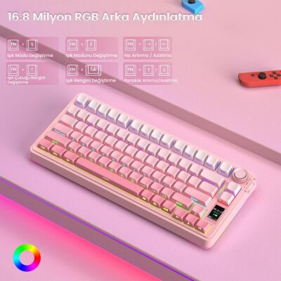 Aula S75 Pro Mekanik RGB TKL GrayWood V3 Switch Kablosuz Makrolu Hot Swap Klavye Gradyan Pembe - 5