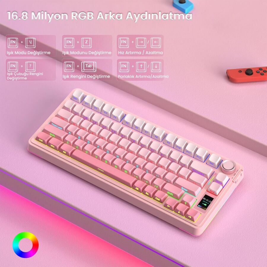 Aula S75 Pro Mekanik RGB TKL GrayWood V3 Switch Kablosuz Makrolu Hot Swap Klavye Gradyan Pembe - 5