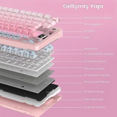 Aula S75 Pro Mekanik RGB TKL GrayWood V3 Switch Kablosuz Makrolu Hot Swap Klavye Gradyan Pembe - 7