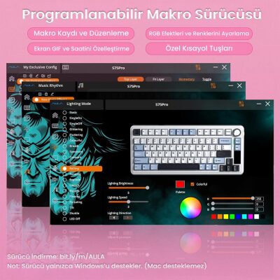 Aula S75 Pro Mekanik RGB TKL GrayWood V3 Switch Kablosuz Makrolu Hot Swap Klavye Gradyan Pembe - 8