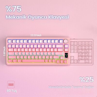 Aula S75 Pro Mekanik RGB TKL GrayWood V3 Switch Kablosuz Makrolu Hot Swap Klavye Gradyan Pembe - 9