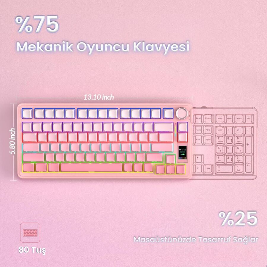 Aula S75 Pro Mekanik RGB TKL GrayWood V3 Switch Kablosuz Makrolu Hot Swap Klavye Gradyan Pembe - 9