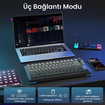 Aula S75 Pro Mekanik RGB TKL Seiya Switch Kablosuz Makrolu Hot Swap Klavye Gradyan Gri - 4