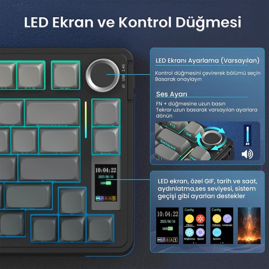 Aula S75 Pro Mekanik RGB TKL Seiya Switch Kablosuz Makrolu Hot Swap Klavye Gradyan Gri - 3