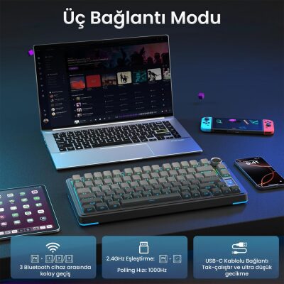 Aula S75 Pro Mekanik RGB TKL Seiya Switch Kablosuz Makrolu Hot Swap Klavye Gradyan Gri - 4