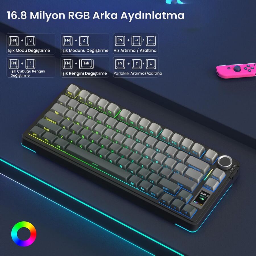 Aula S75 Pro Mekanik RGB TKL Seiya Switch Kablosuz Makrolu Hot Swap Klavye Gradyan Gri - 5